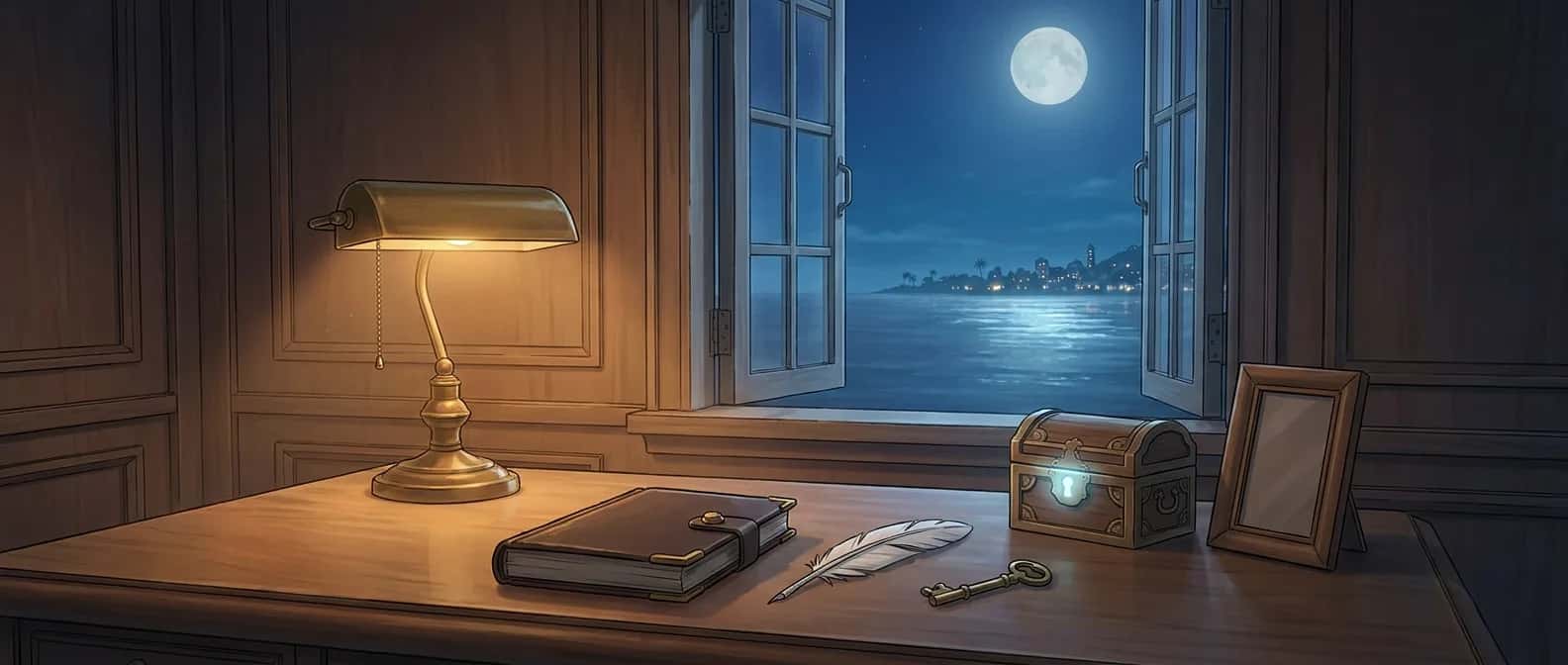 A moonlit study with a leather journal, quill, brass key and a glowing strongbox