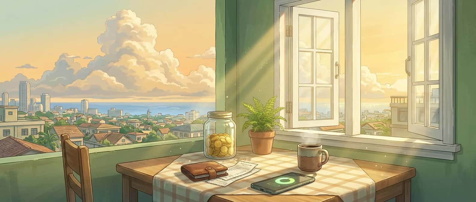 A sunlit kitchen table with a coin jar, coffee and a phone showing a budget chart