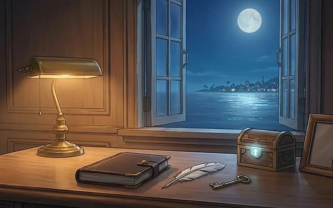 A moonlit study with a leather journal, quill, brass key and a glowing strongbox
