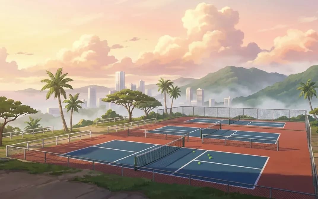 Hilltop pickleball courts above a tropical city at dawn
