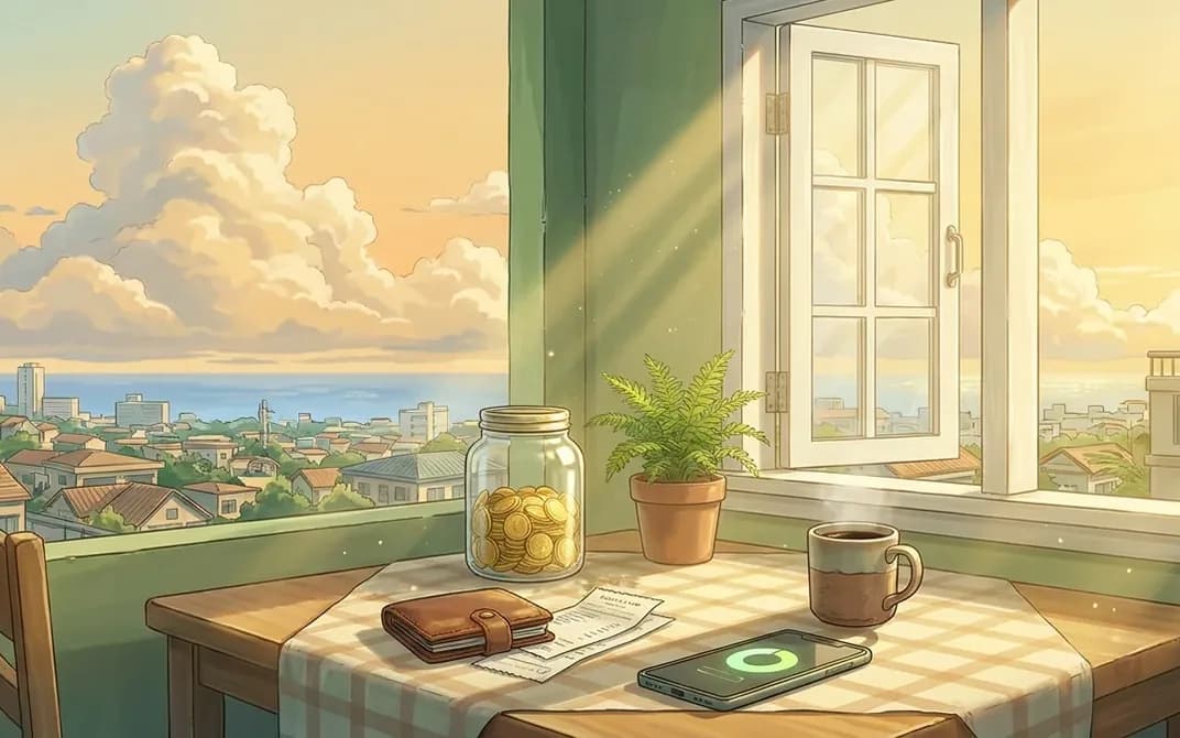 A sunlit kitchen table with a coin jar, coffee and a phone showing a budget chart