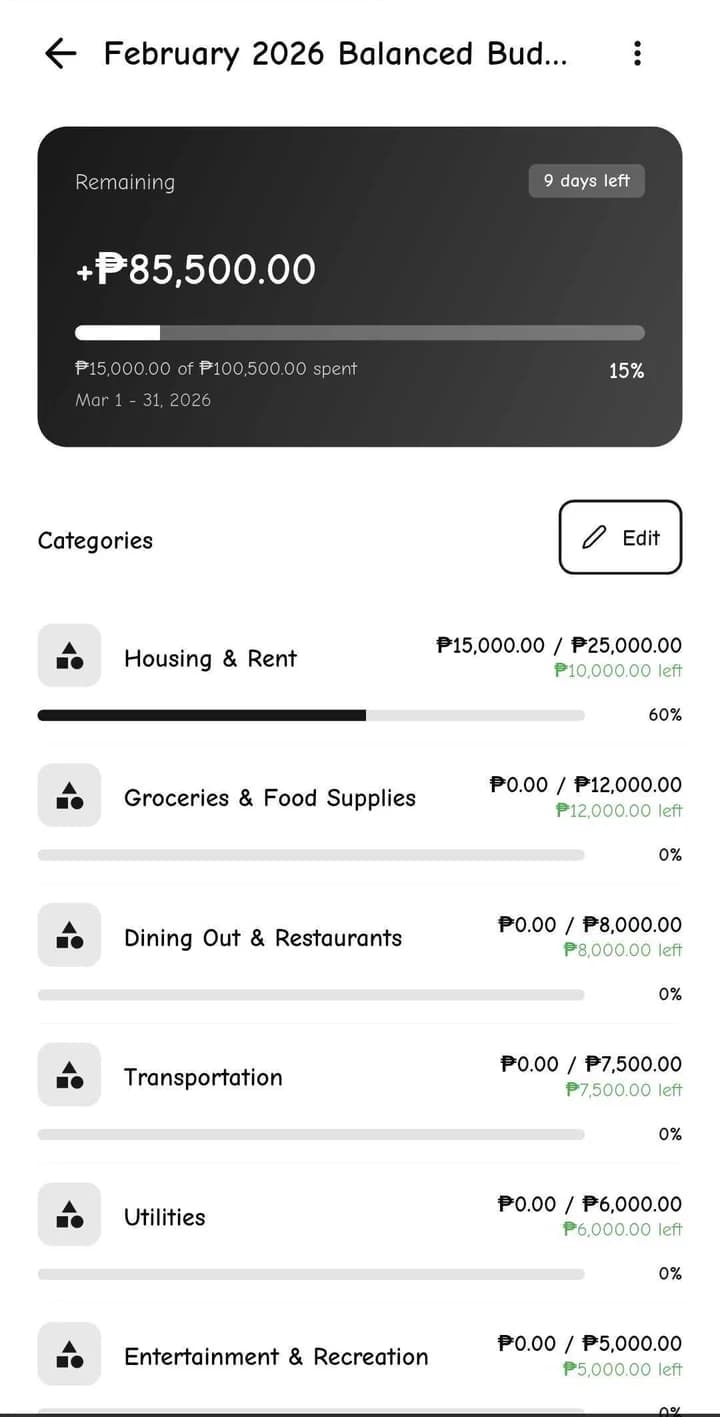 Monthly budget with category progress