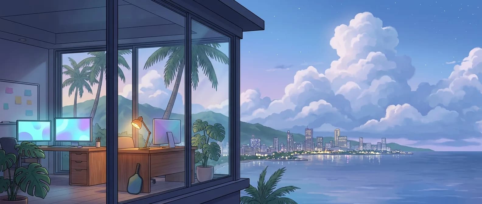 The Simplifai studio at dusk, looking out over the city and the sea