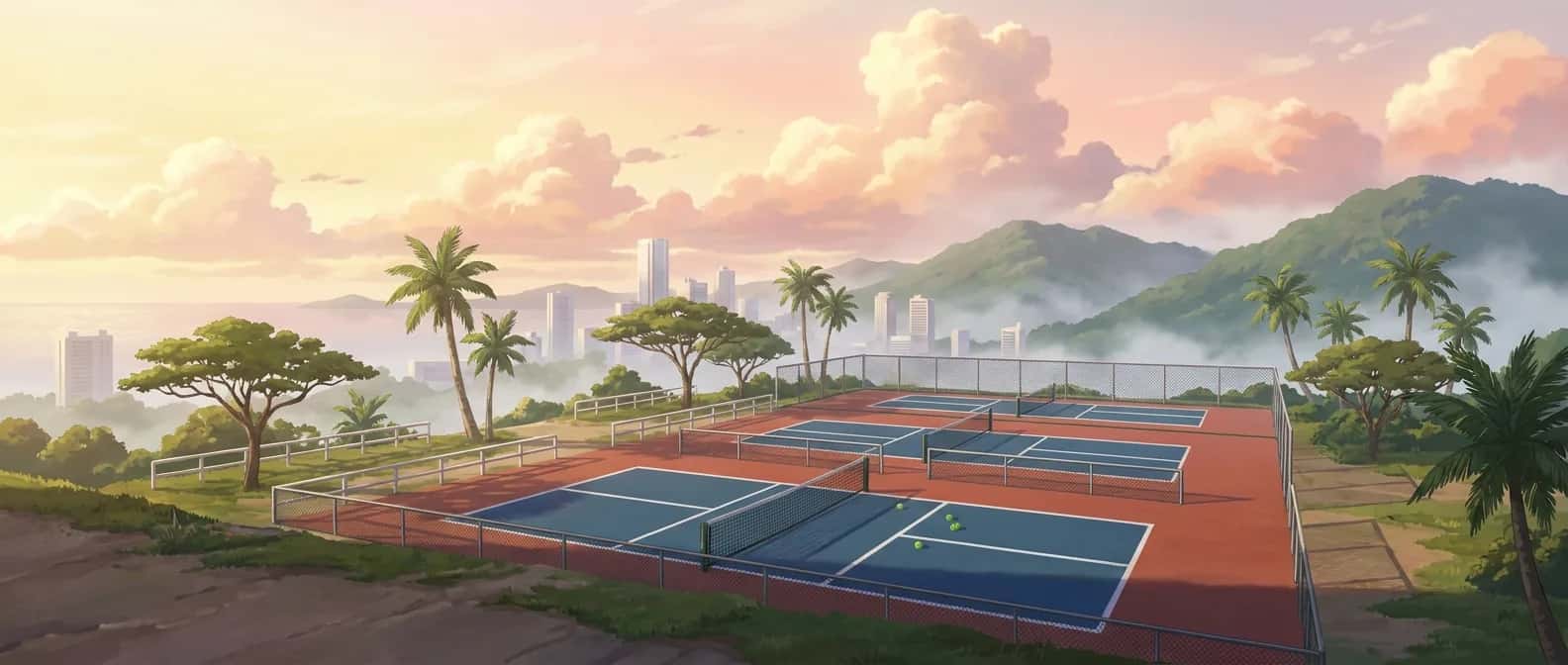 Hilltop pickleball courts above a tropical city at dawn